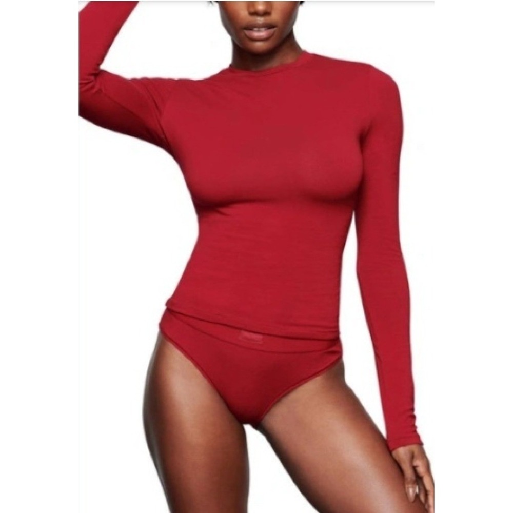 SKIMS Soft Lounge‎ Long Sleeve Crop Top T-Shirt Brick Ribbed Crew Neck Medium